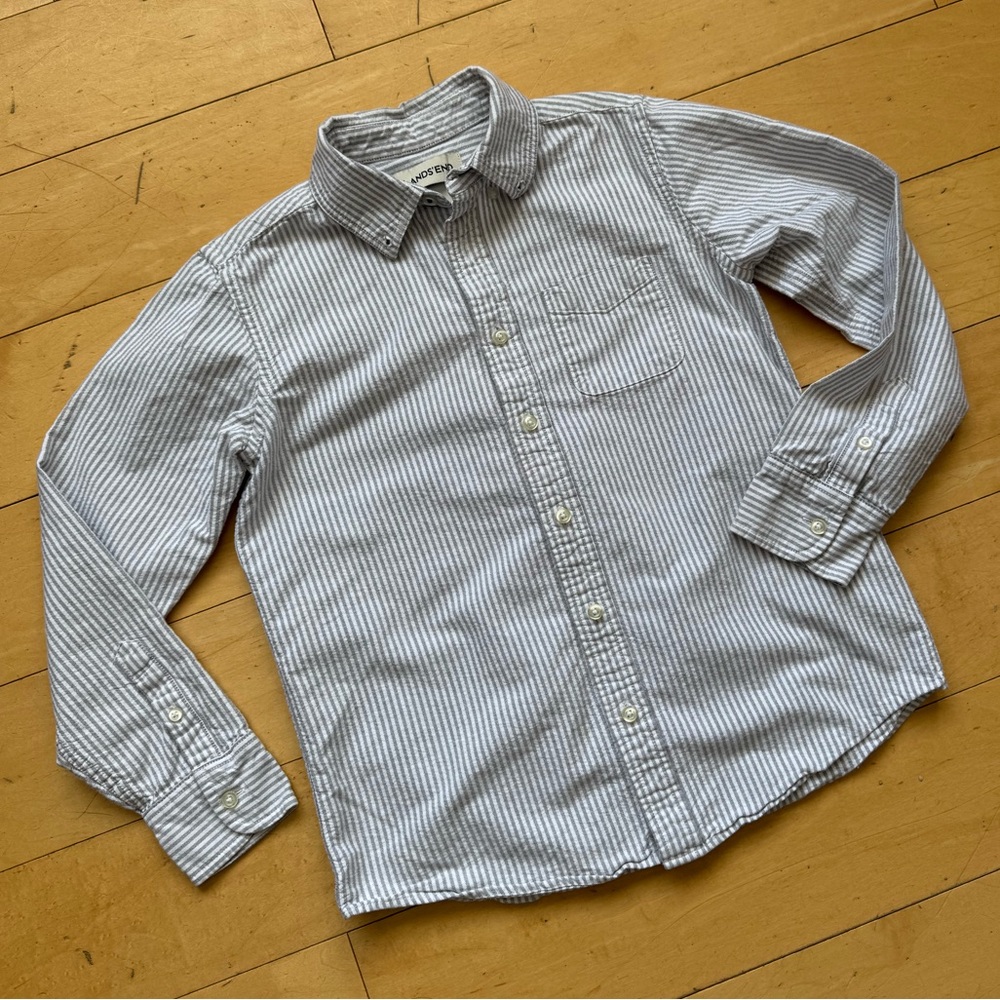 Lands’ End Button Up Shirt, Sz Medium‎ 10-12, stripe, cotton, casual, preppy